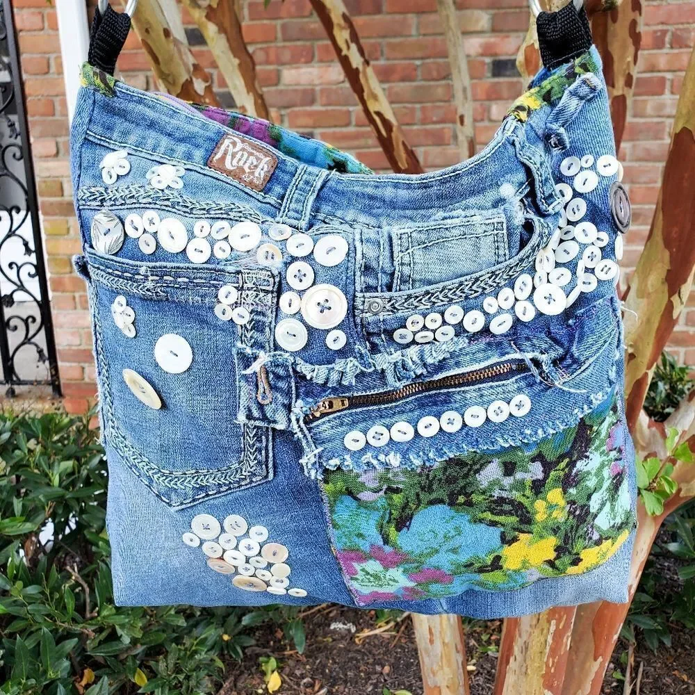 Handmade Recycled Denim Button Detail Gypsy Boho Crossbody Bag.